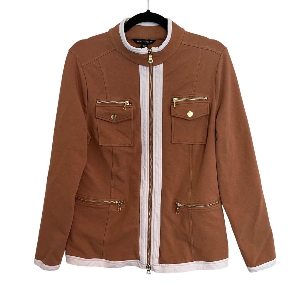Boston Proper Brown Contrast Trim Utility Zip Jacket Gold Hardware Size M 2AZ798